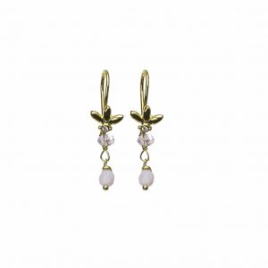 Øreringe med lyserød swarovski og jade sten og gylden blomst